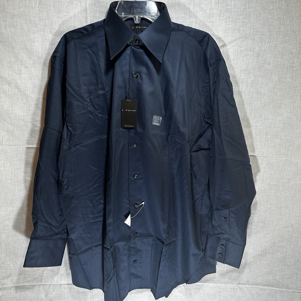 NEW J Ferrar Mens 17.5 34/35 Navy Blue Long Sleeve Dress Shirt NWT